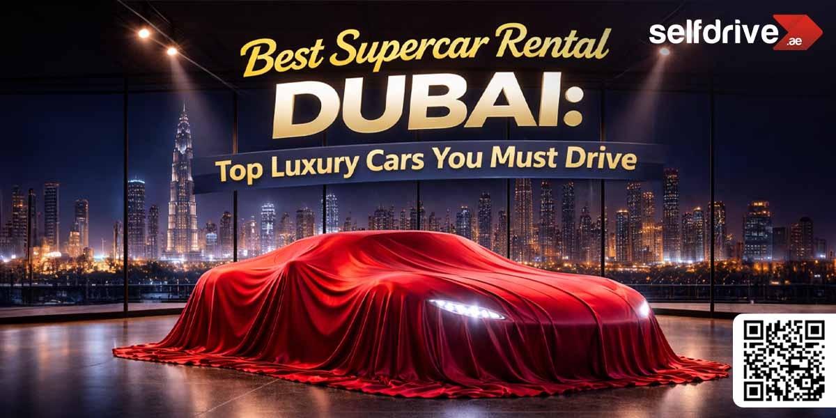 Alt text: "Advertisement for Dubai supercar rental featuring a luxury car covered in a red cloth with city skyline backdrop, highlighting opulence and prestige."